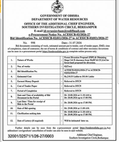 Odisha Water Resources Forest Clearance Tender Notice (August 2026