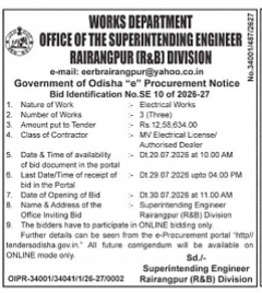 Odisha Works Department e-Procurement Notice (Bid No. SE 10 of 2026-27