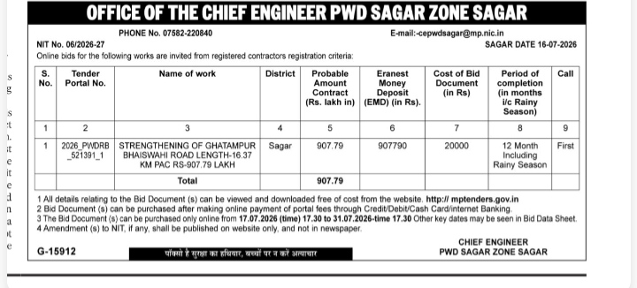 Office of the Chief Engineer PWD Sagar Zone Tender Notice 2026-27