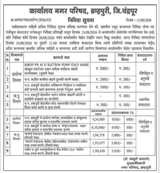 Office of the Municipal Council, Bramhapuri, District Chandrapur – Tender Notice