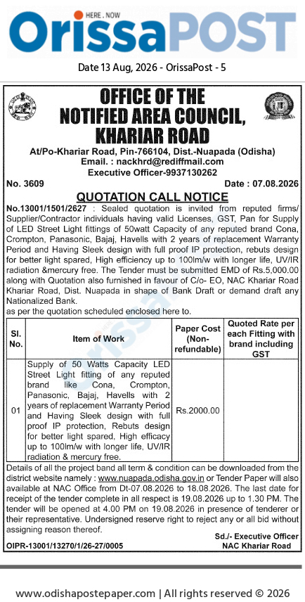 OFFICE OF THE NOTIFIED AREA COUNCIL KHARIAR ROAD - QUOTATION CALL NOTICE (AUGUST 2026)