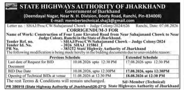 Official Corrigendum Notice for Jharkhand Elevated Road Tender