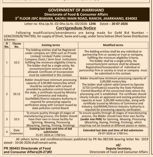 Official Corrigendum Notice: Jharkhand Sona Sobran Dhoti Saree Distribution Scheme Bid Amendment