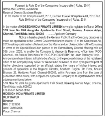 Official Legal Notice: Shifting of Registered Office of Hidesign India Private Limited