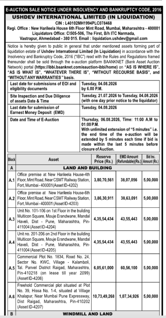 Official & Legal TitlesE-Auction Sale Notice for Ushdev International Limited