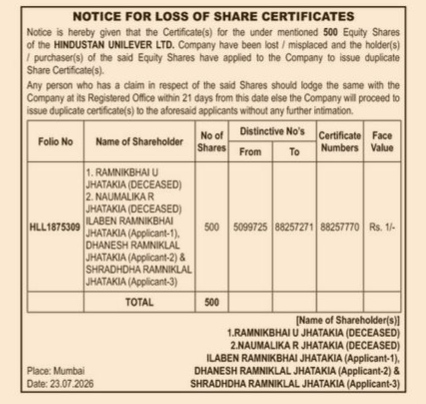 Official Notice for Loss of Share Certificates - Hindustan Unilever Ltd