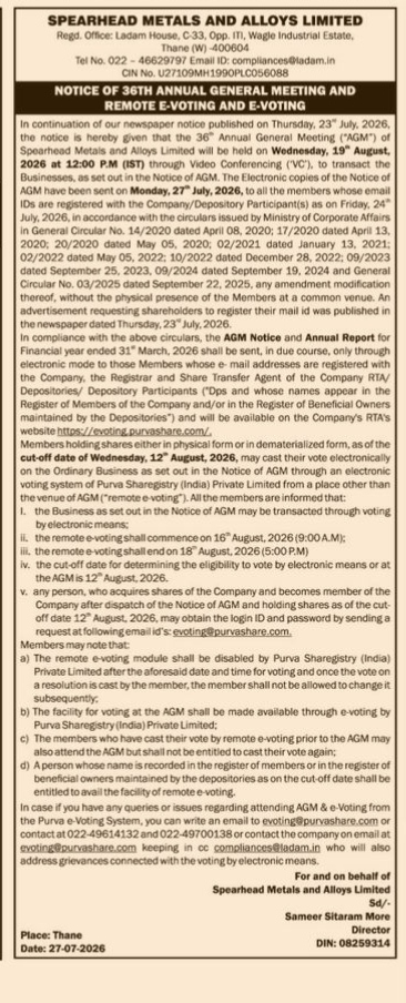 Official Notice of 36th Annual General Meeting and Remote E-Voting – Spearhead Metals and Alloys Limited