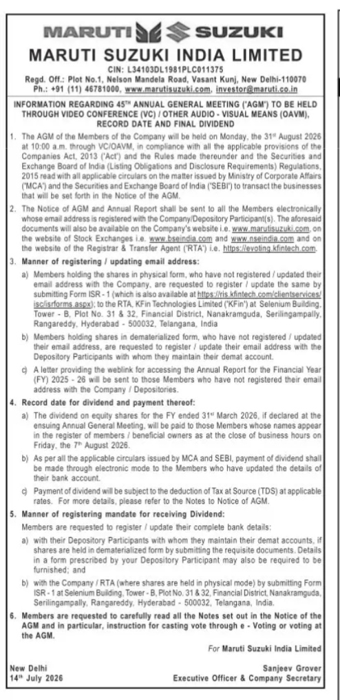 Official Notice of Maruti Suzuki 45th Annual General Meeting (AGM)