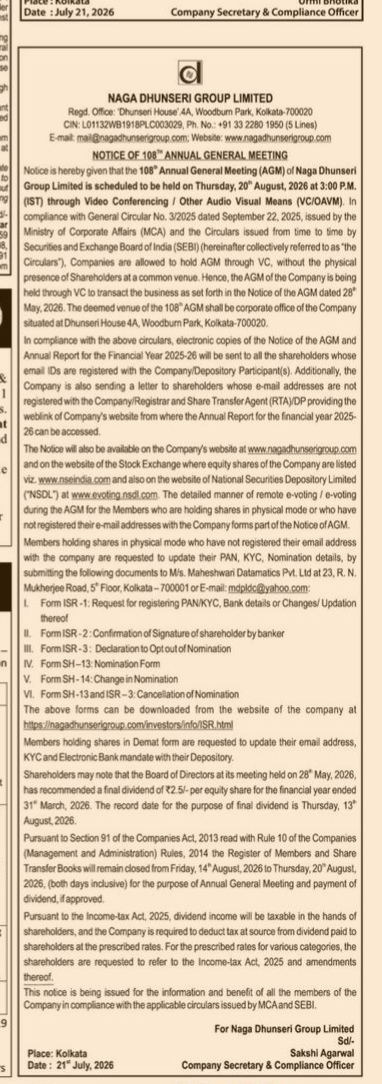 Official Notice of the 108th Annual General Meeting of Naga Dhunseri Group Limited