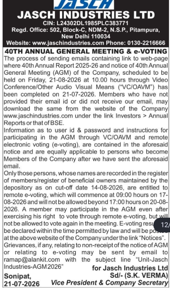 Official Notice of the 40th Annual General Meeting and E-Voting – Jasch Industries Ltd