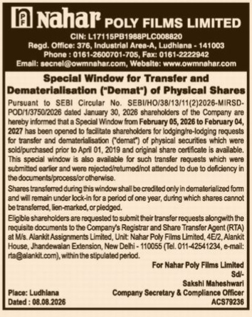 Official Notice: Special Window for Demat of Physical Shares