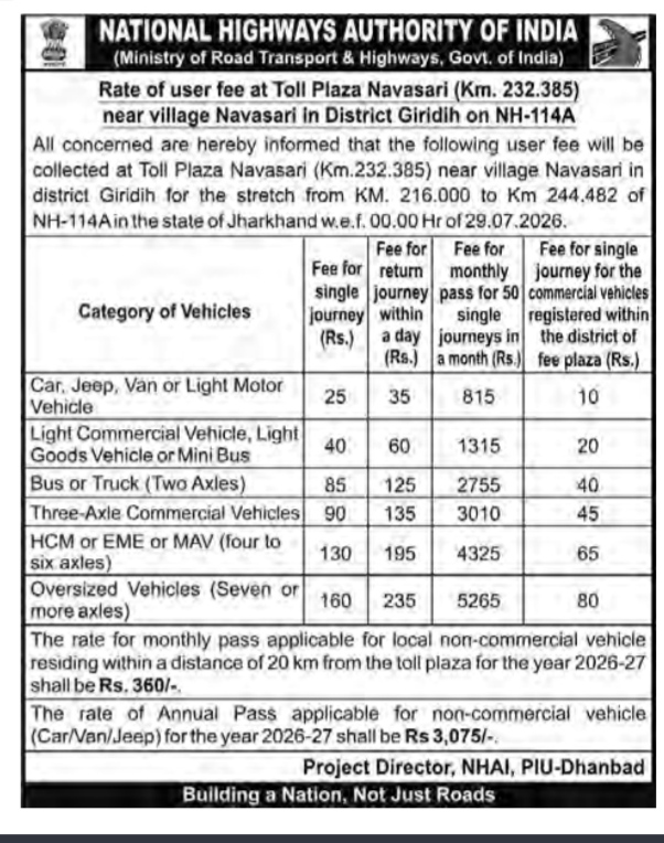 Official Notification: Toll Fee Revision at Navasari Toll Plaza (NH-114A)