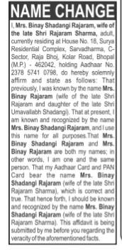 Official Public Notice For Name Change-mrs binay shadangi rajaram