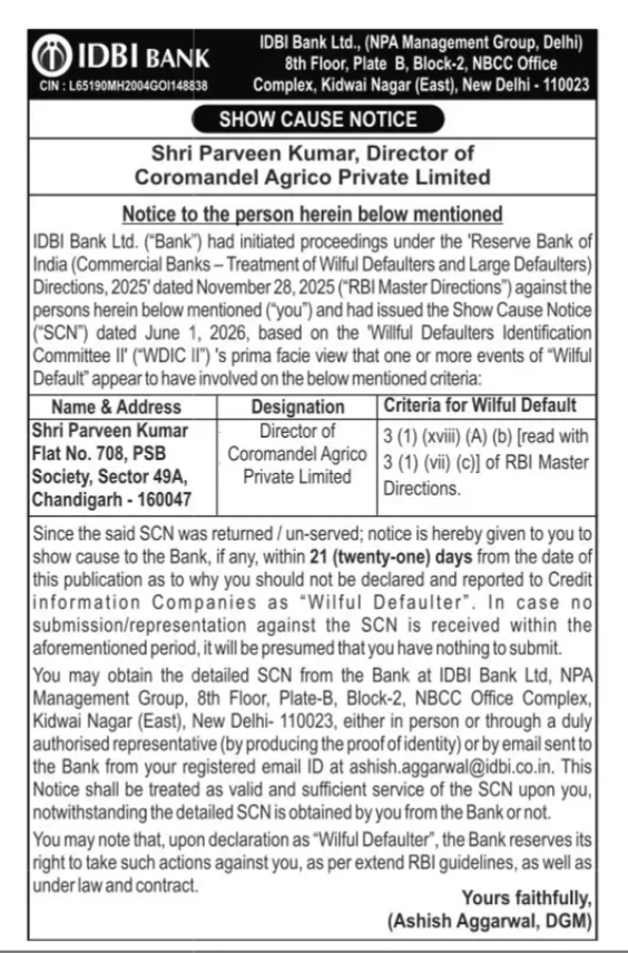 Official Title: IDBI Bank Show Cause Notice to Shri Parveen Kumar