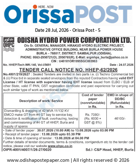 OHPC Dismantling & Overhauling of 42 MVA Generator Transformer Tender Notice (HHEP-62/2026)