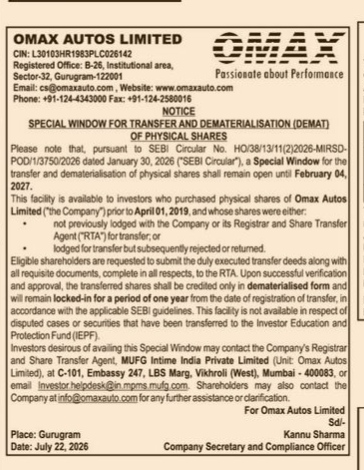Omax Autos Limited Notice: Special Window for Transfer and Dematerialisation of Physical Shares