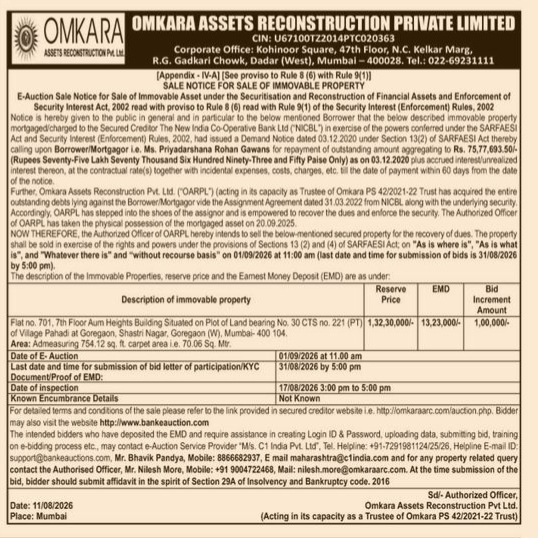 Omkara Assets Reconstruction Private Limited – E-Auction Sale Notice