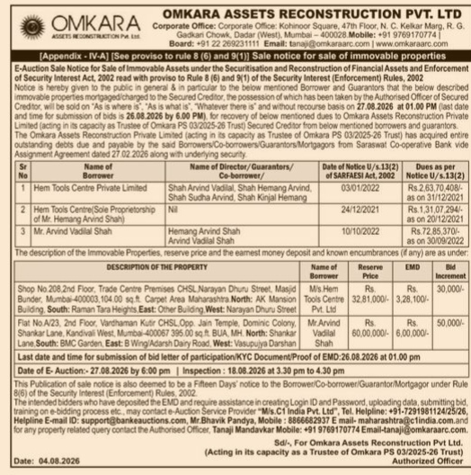 Omkara Assets Reconstruction Pvt. Ltd. E-Auction Sale Notice