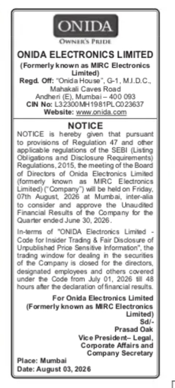 Onida Electronics Limited Board Meeting Notice (August 2026)