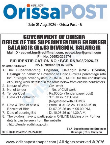 Online Bid Invitation for Balangir Civil Works (August 2026)