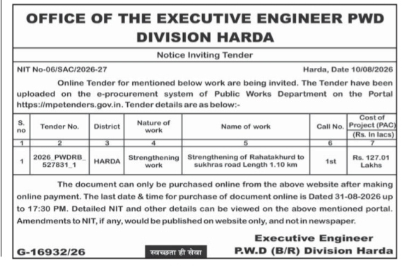 Online Tender for Rahatakhurd to Sukhras Road Strengthening Work