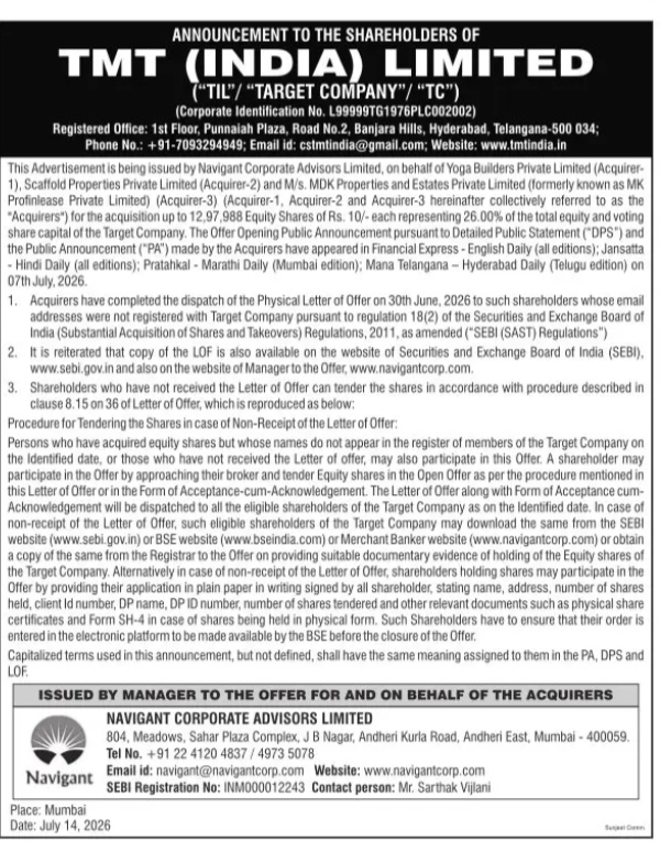 Open Offer Announcement to Shareholders of TMT (India) Limited