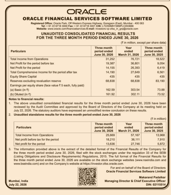 Oracle Financial Services Software Limited: Unaudited Consolidated and Standalone Financial Results for the Three Month Period Ended June 30, 2026