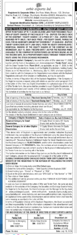 Orbit Exports Limited: Notice of Share Buy-Back Offer (July 2026)