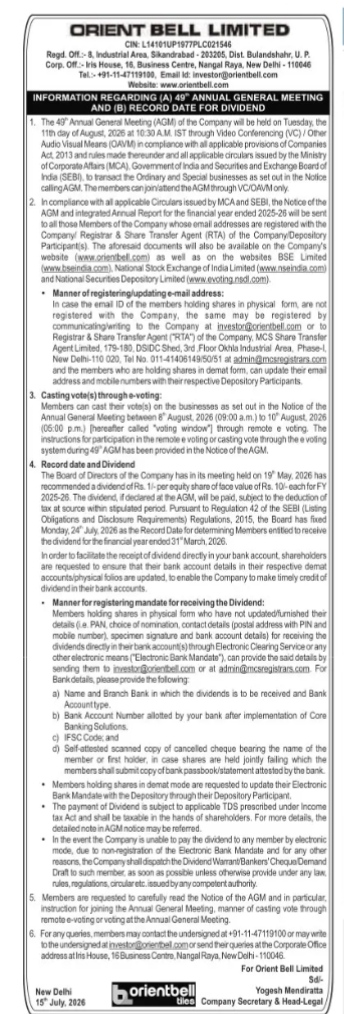 Orient Bell Limited: 49th Annual General Meeting Notice