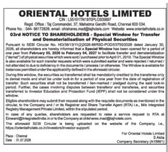 Oriental Hotels Limited: Notice to Shareholders on Transfer and Dematerialisation of Physical Securities