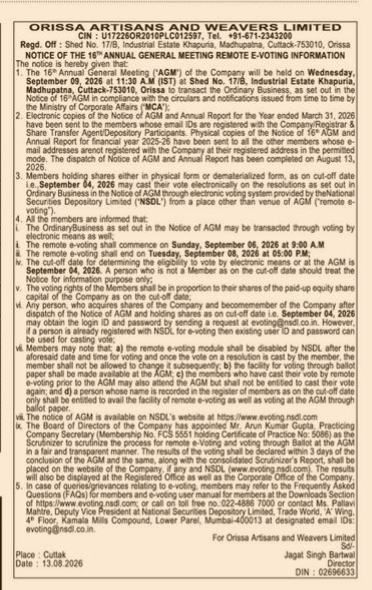 Orissa Artisans and Weavers Limited: 16th AGM and E-Voting Notice