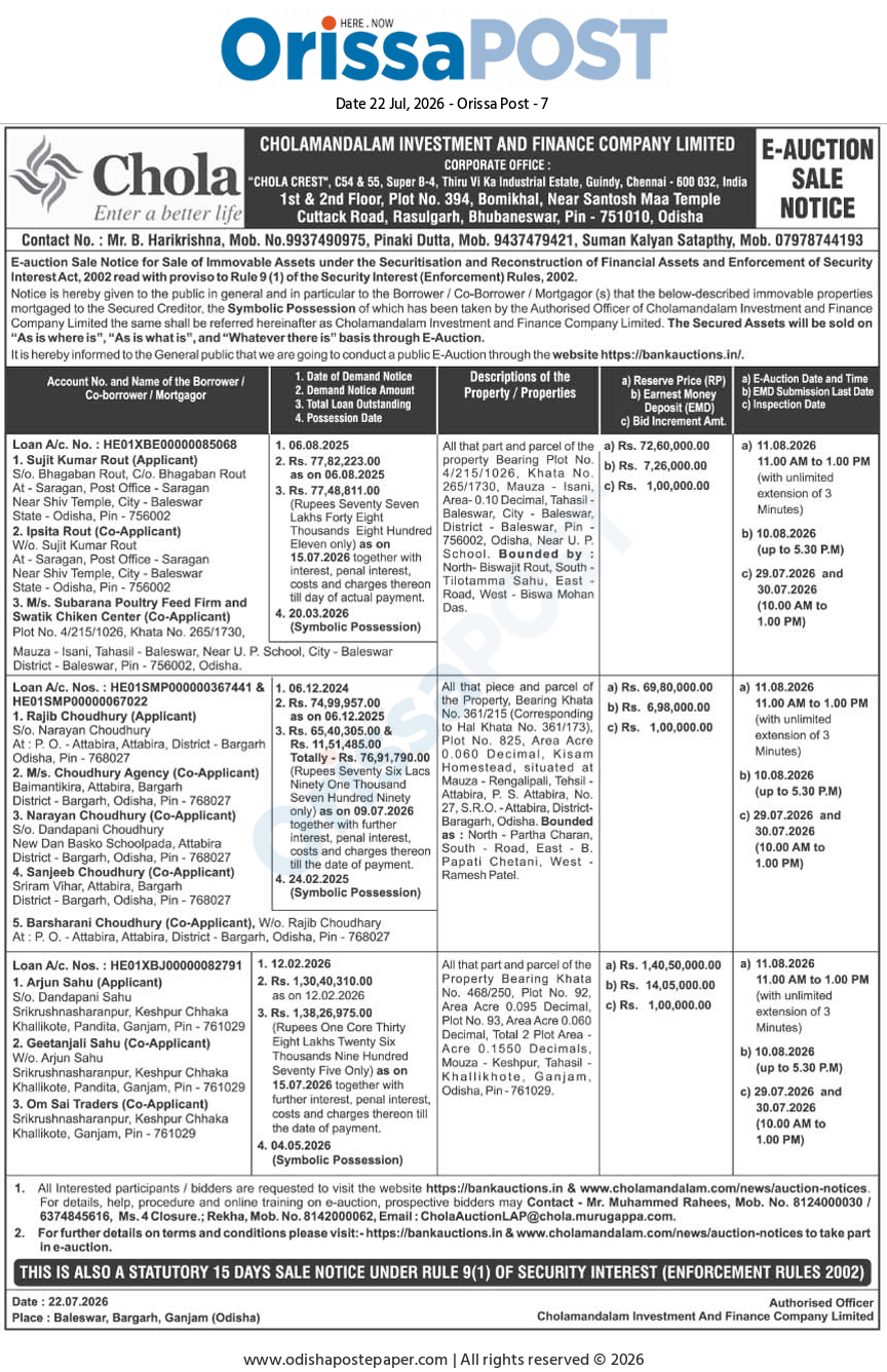 Orissa POST Cholamandalam E-Auction Sale Notice (July 22, 2026)