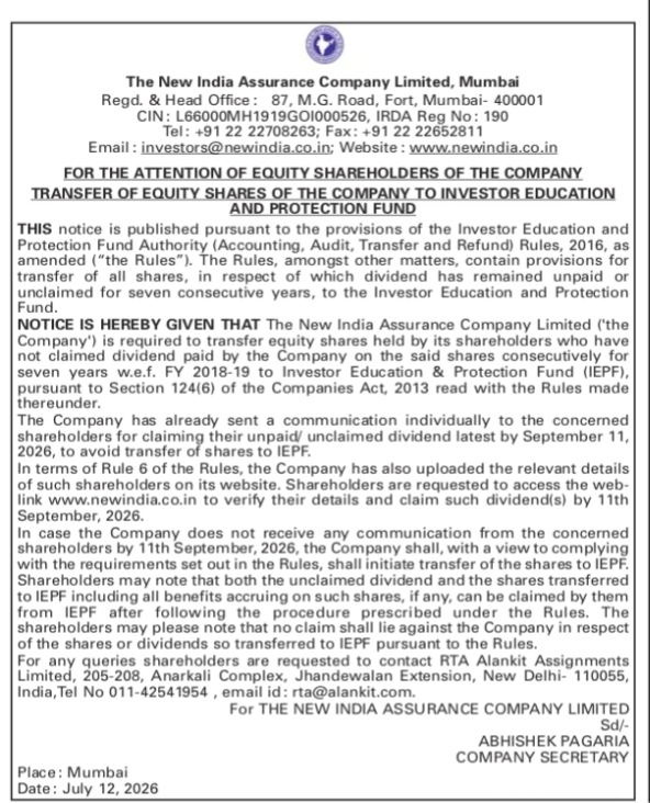 OUBLIC NOTICE FROM THE INDIA ASSURANCE COMPANY