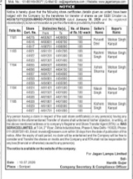 OUBLIC NOTICE REGARDING TRANSFER OF SHARES