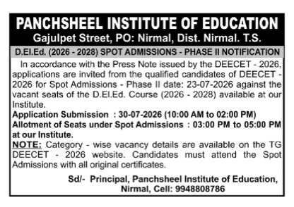 Panchsheel Institute of Education D.El.Ed. Spot Admissions Phase-II Notification 2026