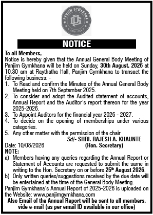 Panjim Gymkhana Annual General Body Meeting Notice (2026)