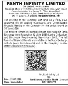 Panth Infinity Limited Notice of Financial Results