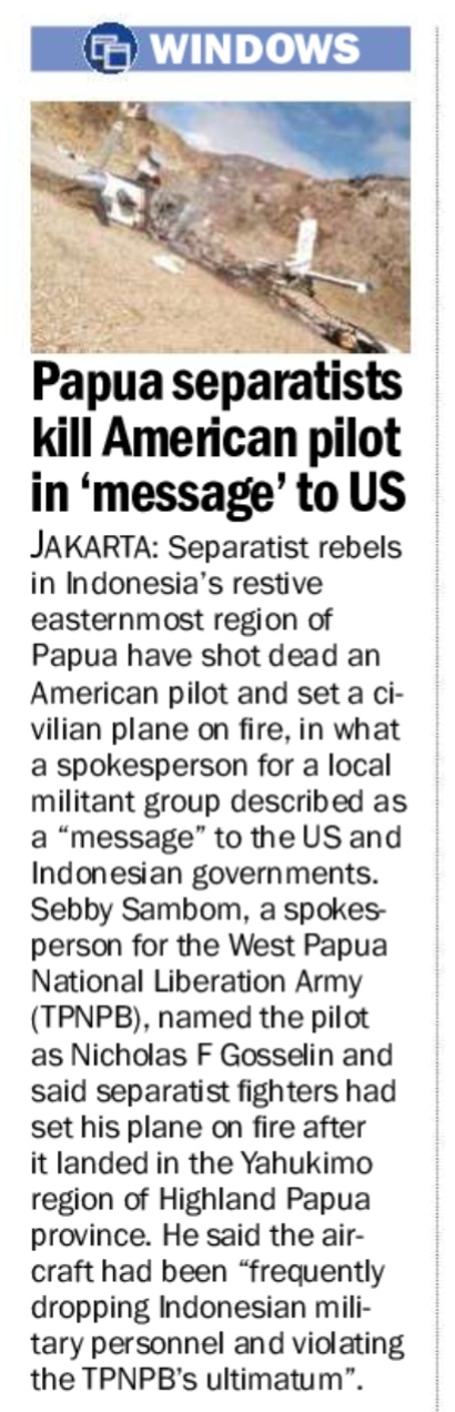 Papua separatists kill American pilot in 'message' to US