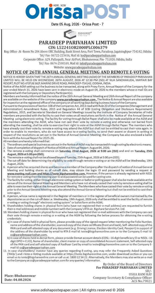 Paradeep Parivahan Limited: Notice of 26th Annual General Meeting and Remote E-Voting