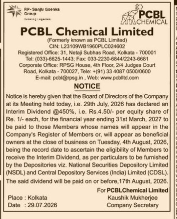 PCBL Chemical Limited Interim Dividend Declaration Notice (July 2026)