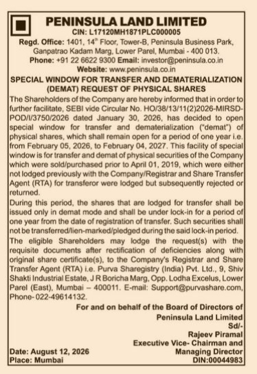 Peninsula Land Limited: Notice of Special Window for Transfer and Dematerialization (Demat) of Physical Shares