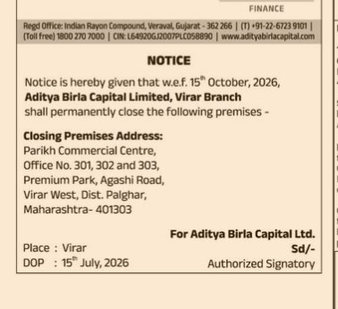 Permanent Closure Notice: Aditya Birla Capital Virar Branch