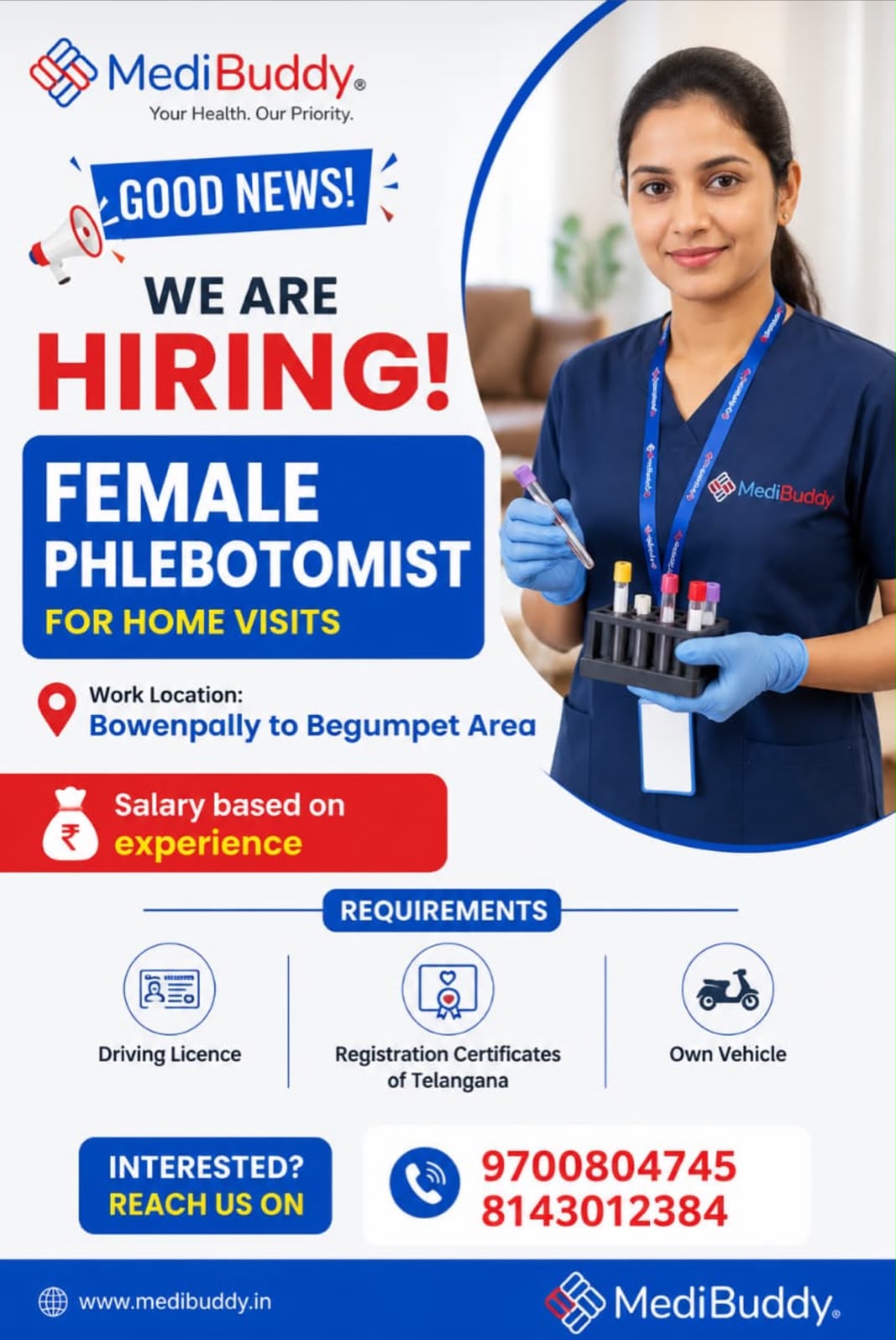 Phlebotomist Hiring – Bowenpally to Begumpet