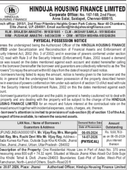 Physical Possession Notice by Hinduja Housing Finance Limited