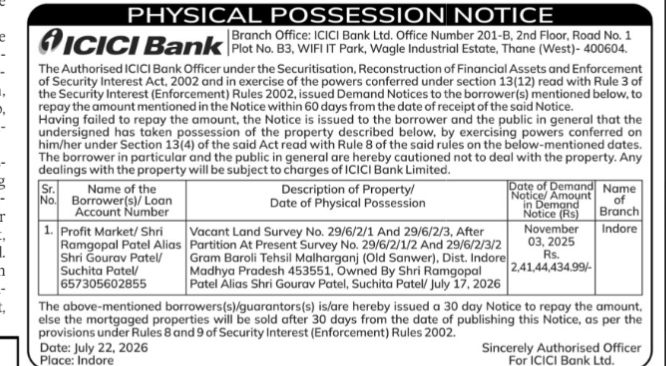 Physical Possession Notice by ICICI Bank