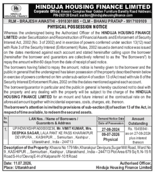 PHYSICAL POSSESSION NOTICE ISSUED BY HINDUJA HOUSING FINANCE LIMITED