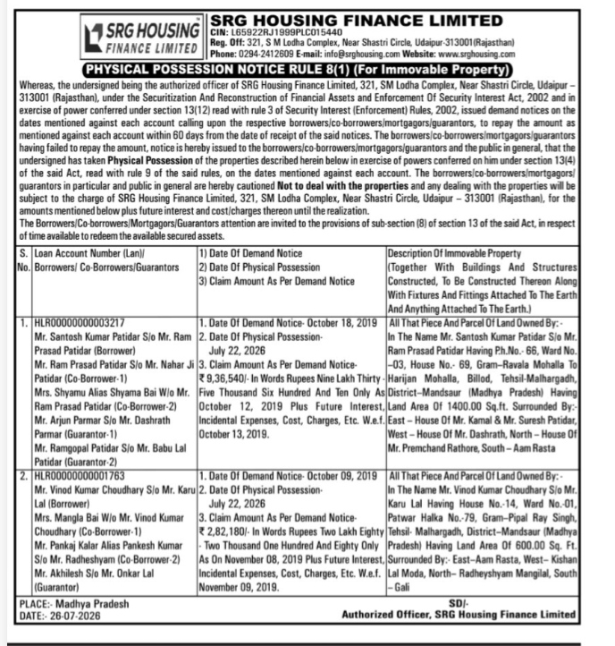 Physical Possession Notice under SARFAESI Act, 2002