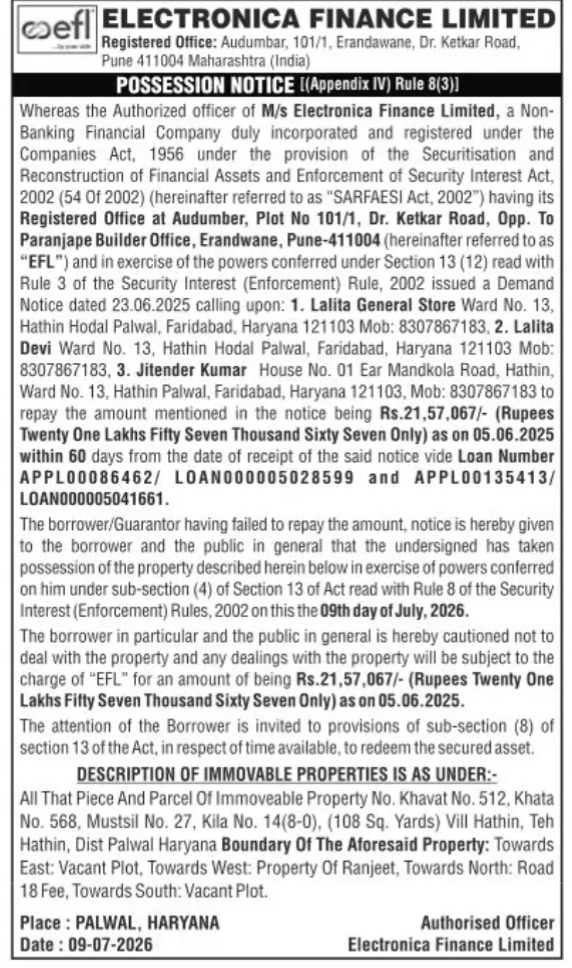POSSESSION NOTICE ABOUT ELECTRONICA FINNACE LIMITED