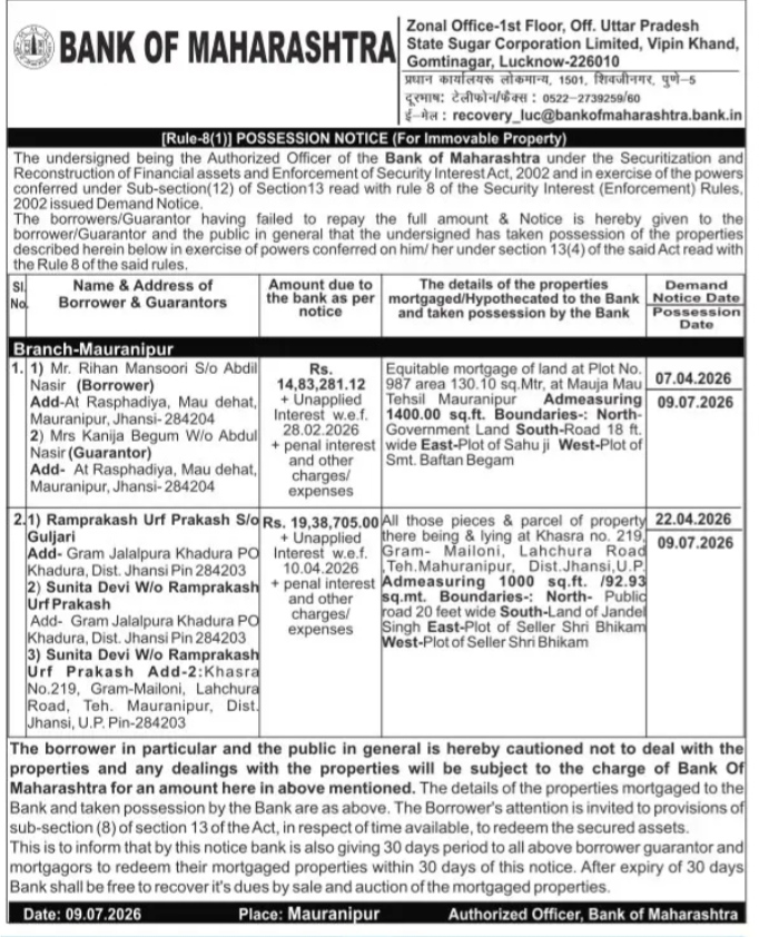 POSSESSION NOTICE - BANK OF MAHARASHTRA