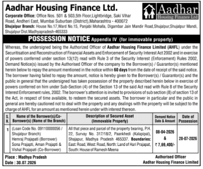 Possession Notice by Aadhar Housing Finance Ltd.